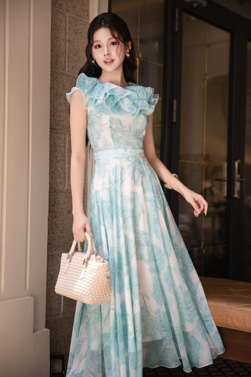 Sixdo Light Blue Voile Flared Dress